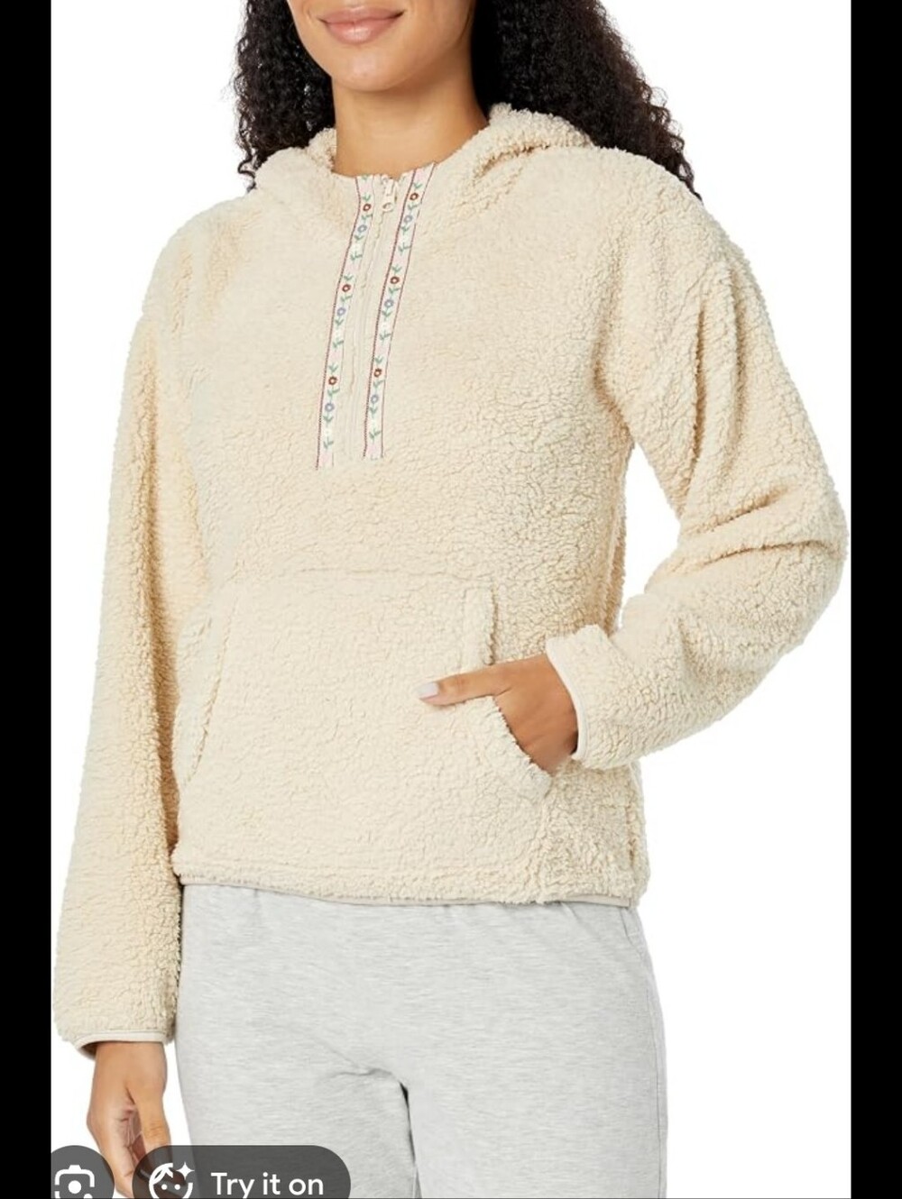 PJ Salvage Cozy Cream Floral Trim Sherpa‎ Hoodie for Women Size Small